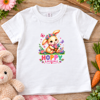 A white short-sleeve baby t-shirt with a colorful cartoon Easter bunny graphic and the text 'HOPPY ADORABLE' printed on the front. The t-shirt is displayed in a flat-lay arrangement on a rustic wooden surface, surrounded by decorative props including a plush bunny, carrots, flowers, and a pink checkered cloth.