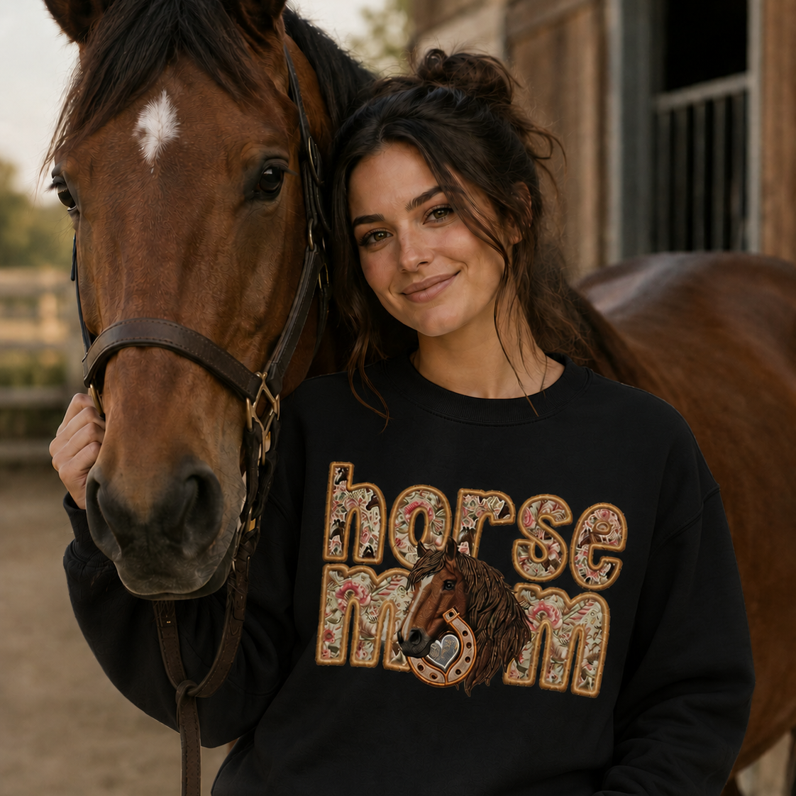 Woman wearing a 'horse mom' black colored sweatshirt standing next to a horse.