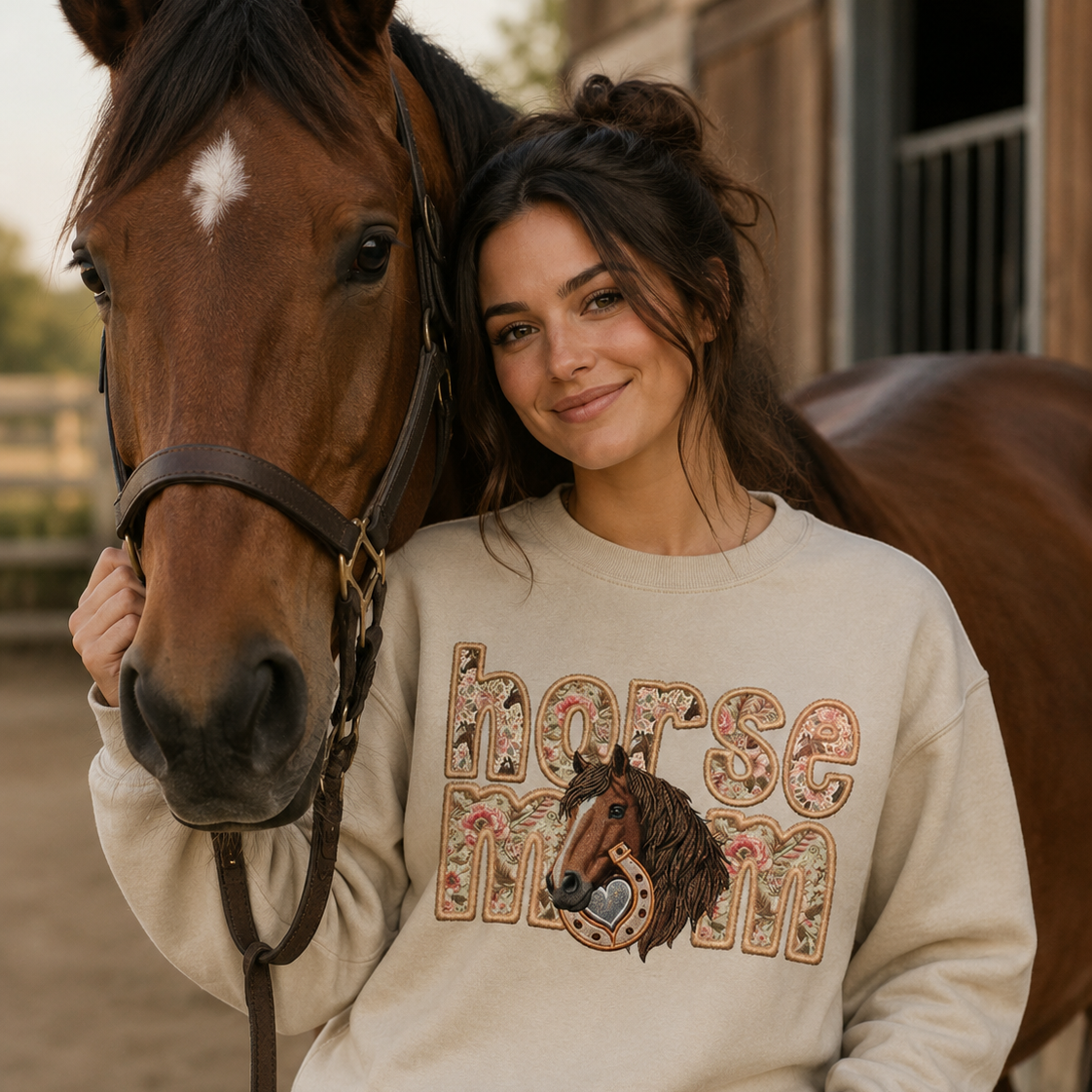 Woman wearing a 'horse mom' sand colored sweatshirt standing next to a horse.
