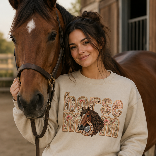 Woman wearing a 'horse mom' sand colored sweatshirt standing next to a horse.