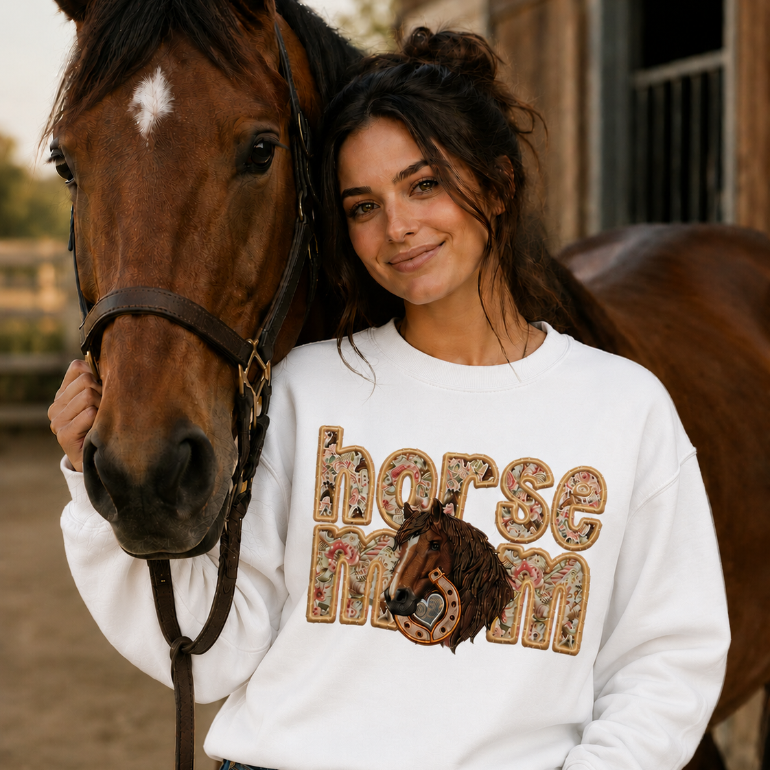 Woman wearing a 'horse mom' white sweatshirt standing next to a horse.