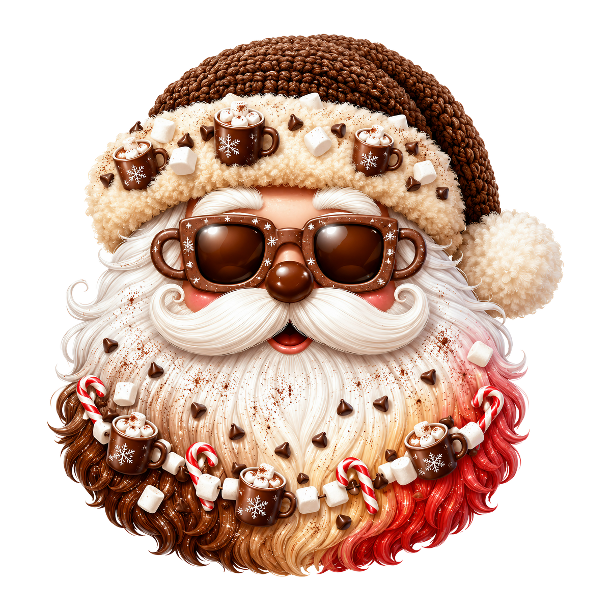 A festive, stylized Santa Claus face with a brown knit Santa hat, white mustache, and fluffy beard decorated with chocolate cups, marshmallows, candy canes, and cocoa powder, shown on a plain white background.