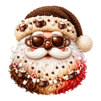 A festive, stylized Santa Claus face with a brown knit Santa hat, white mustache, and fluffy beard decorated with chocolate cups, marshmallows, candy canes, and cocoa powder, shown on a plain white background.