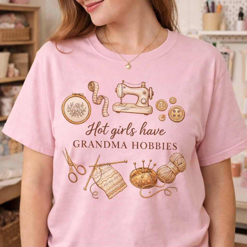Person wearing a pink t-shirt with sewing-themed graphics and text.