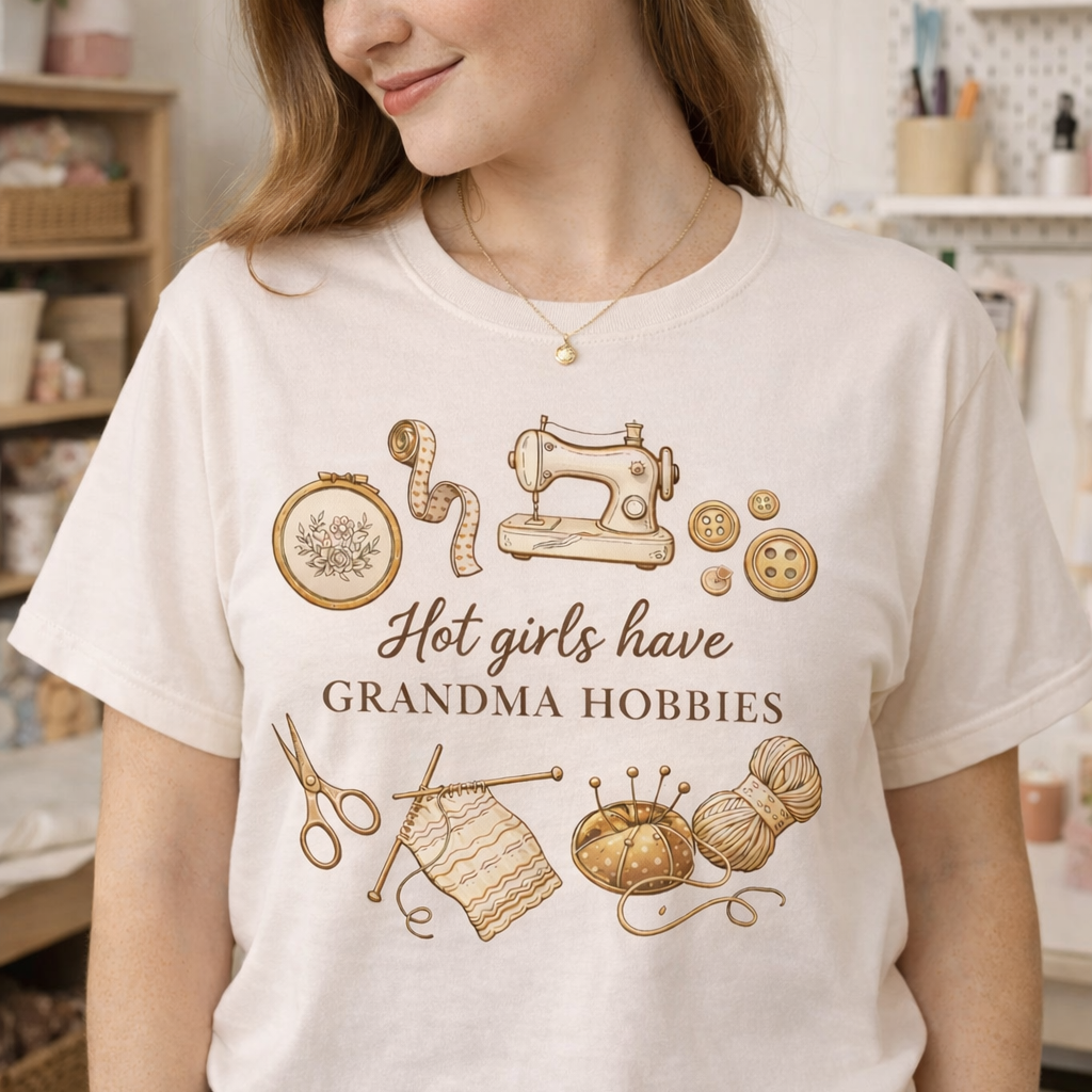 Hot girls have grandma hobbies graphic t-shirt vintage aesthetic front view