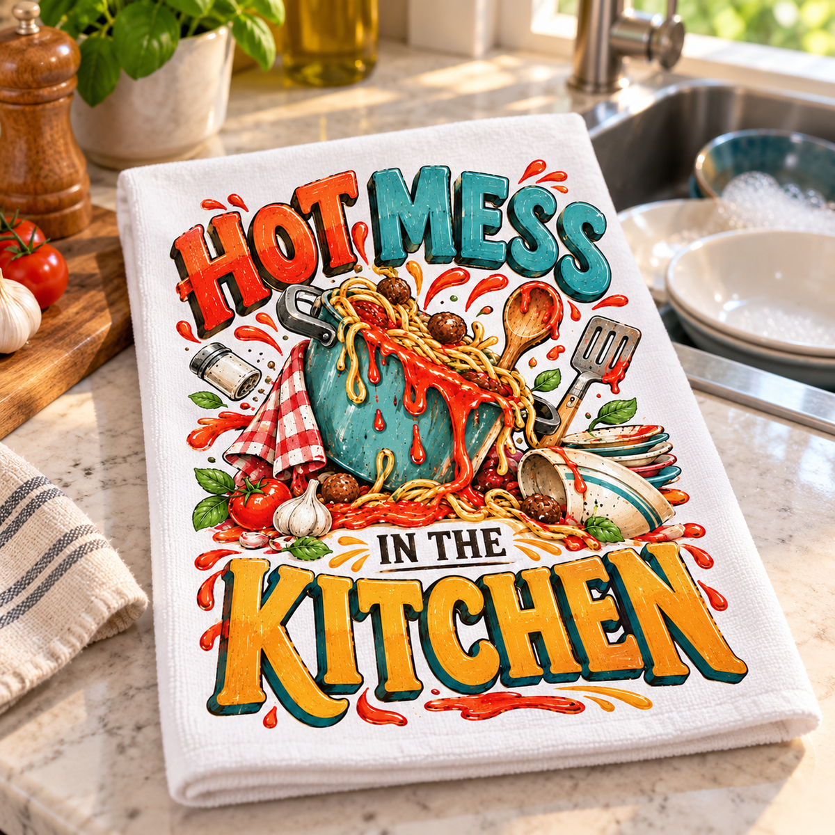 A white kitchen towel with a colorful retro-style graphic that reads 'HOT MESS IN THE KITCHEN,' featuring spaghetti, tomatoes, garlic, and kitchen utensils, placed on a kitchen counter near a sink.