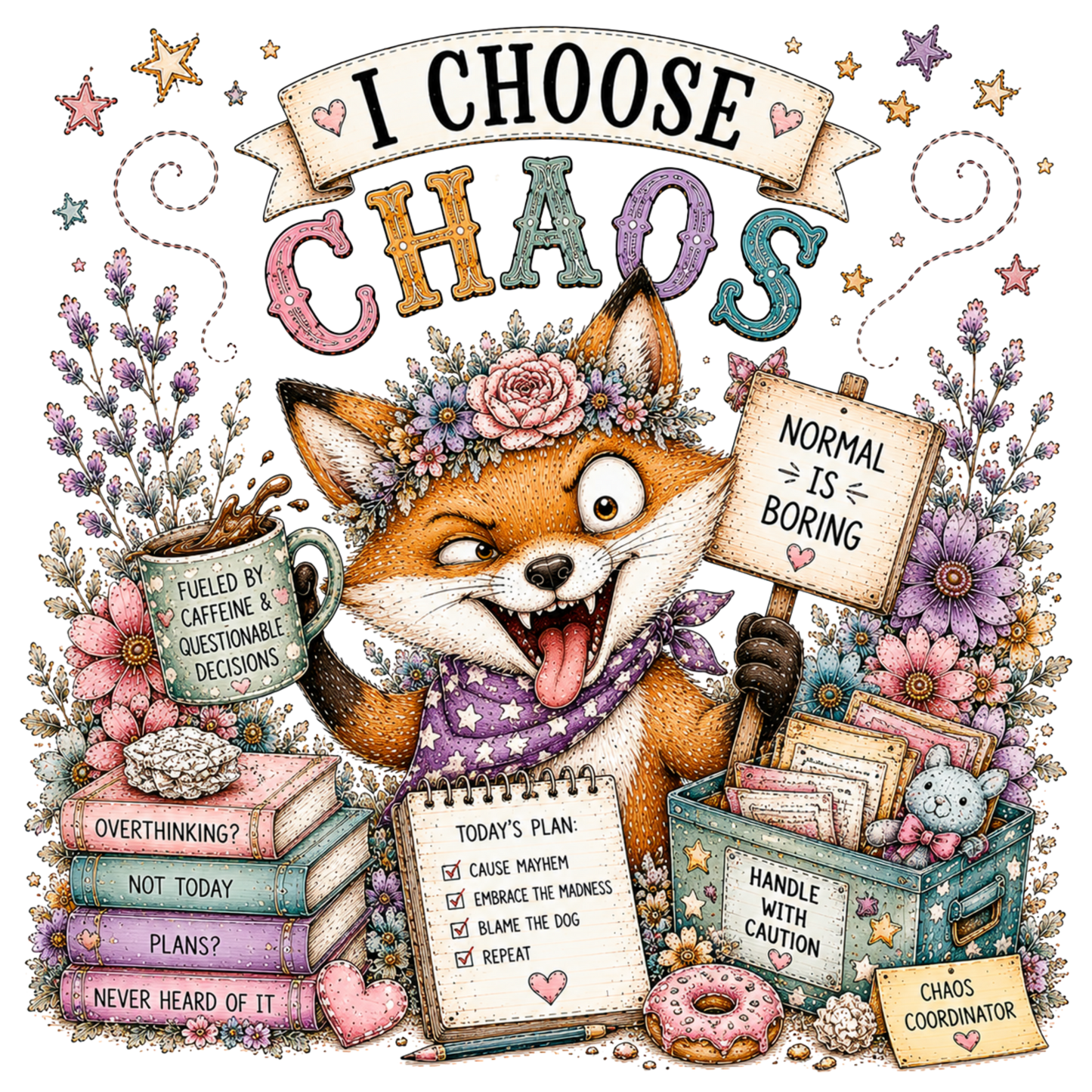A whimsical dtf with a  fox surrounded by flowers, books, a mug, a notepad, and a storage box, with the large text 'I CHOOSE CHAOS' at the top and playful handwritten-style graphics throughout.