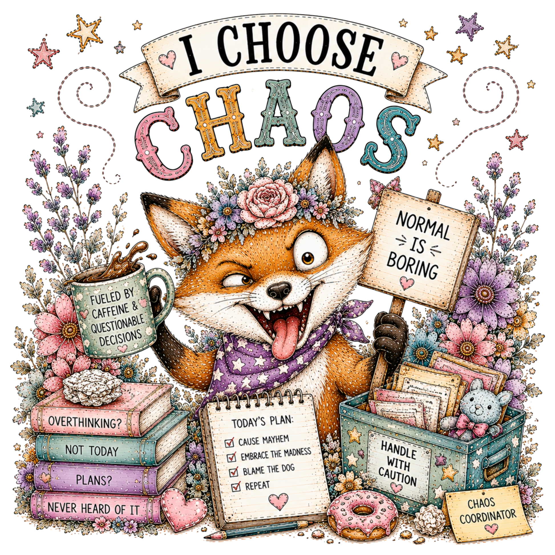A whimsical dtf with a  fox surrounded by flowers, books, a mug, a notepad, and a storage box, with the large text 'I CHOOSE CHAOS' at the top and playful handwritten-style graphics throughout.