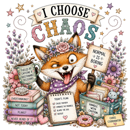 A whimsical dtf with a  fox surrounded by flowers, books, a mug, a notepad, and a storage box, with the large text 'I CHOOSE CHAOS' at the top and playful handwritten-style graphics throughout.