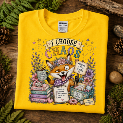 A folded daisy colored Gildan SofteStyle t-shirt is displayed on a rustic wooden surface surrounded by green ferns, pinecones, and dried leaves. The front of the shirt features a colorful graphic of a fox character surrounded by books, flowers, and signs with text like 'I CHOOSE CHAOS' and 'NORMAL IS & BORING'.