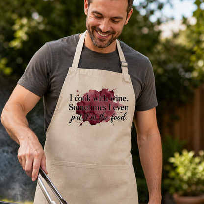 Man wearing a natural colored apron with a humorous quote outdoors