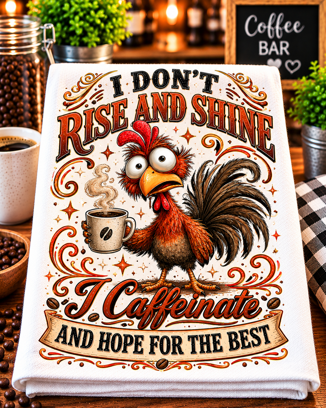 A folded white kitchen towel or cloth featuring a colorful graphic of a cartoon rooster holding a coffee mug, surrounded by decorative text that reads 'I DON'T RISE AND SHINE I Caffeinate AND HOPE FOR THE BEST.' 