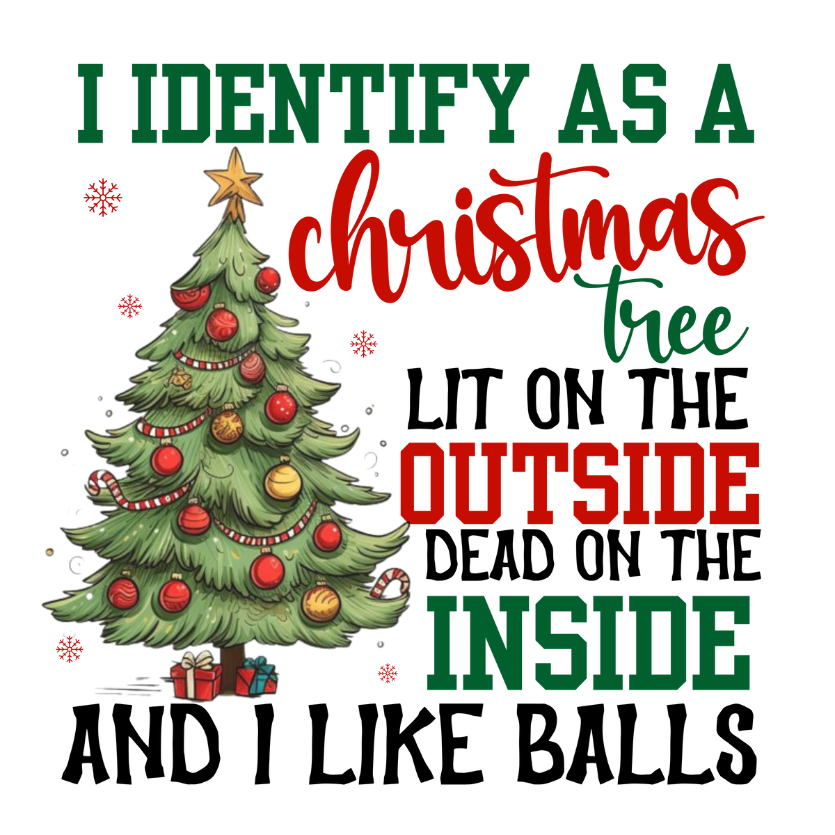 A square graphic design featuring a hand-drawn Christmas tree with red ornaments, gold baubles, and presents, surrounded by festive text that reads: 'I IDENTIFY AS A Christmas tree LIT ON THE OUTSIDE DEAD ON THE INSIDE AND I LIKE BALLS' on a plain white background.
