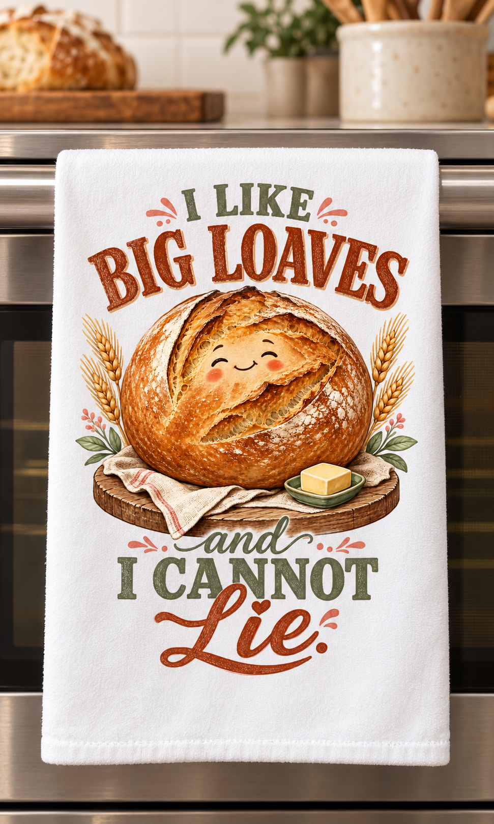 A white kitchen towel hanging on a stainless steel oven handle, featuring a graphic of a smiling round artisan bread loaf with the text 'I LIKE BIG LOAVES and I CANNOT Lie.' in rustic brown and green lettering.