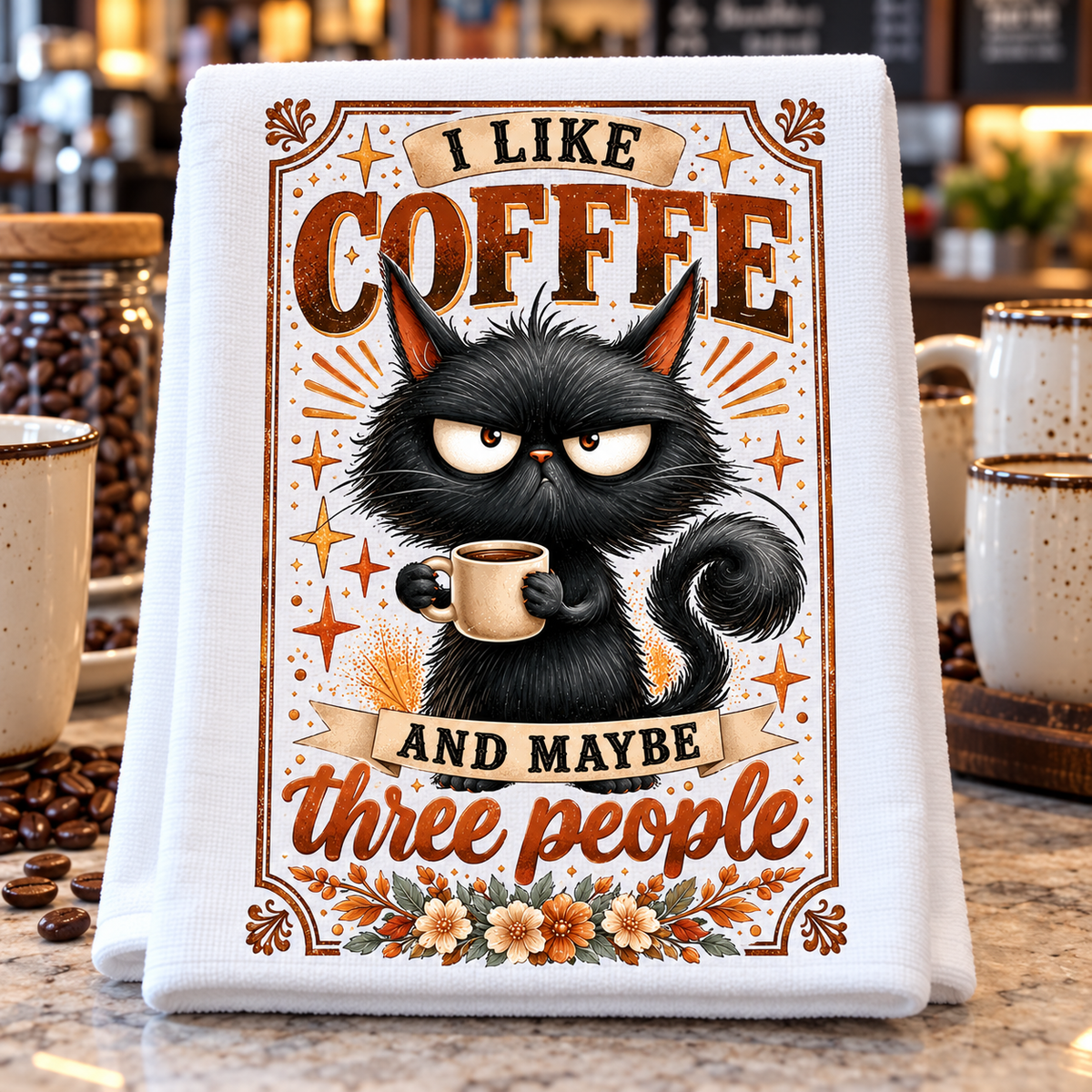 A white kitchen towel with a humorous coffee-themed graphic featuring a grumpy black cat holding a mug and the text 'I LIKE COFFEE AND MAYBE three people'. 