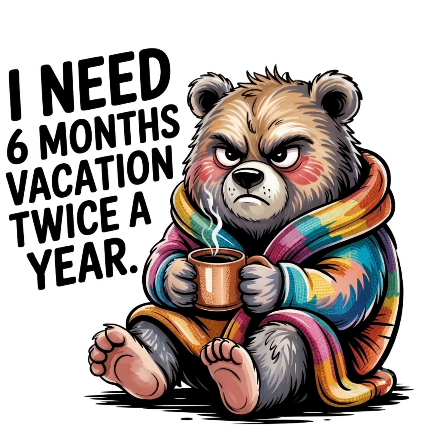 A  bear wrapped in a colorful blanket and holding a mug, with bold text reading 'I NEED 6 MONTHS VACATION TWICE A YEAR.' on a plain white background.