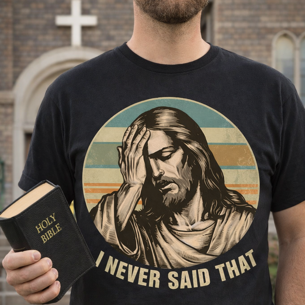 Person wearing a black t-shirt with a graphic of Jesus and text, holding a Bible, in front of a building.