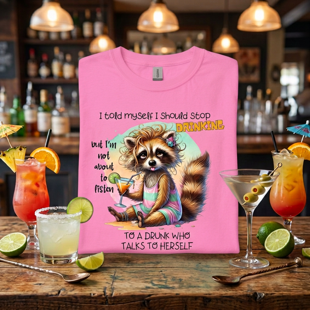 A fan candy pink crewneck t-shirt with a humorous raccoon graphic and text, displayed on a rustic wooden bar table surrounded by cocktails and lime wedges.