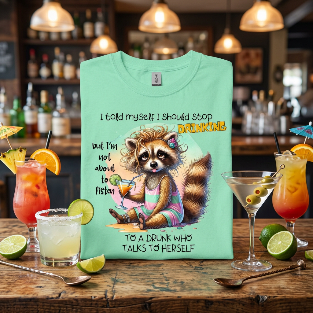 A mint green crewneck t-shirt with a humorous raccoon graphic and text about not drinking, displayed on a wooden table surrounded by cocktails and lime slices in a bar setting.