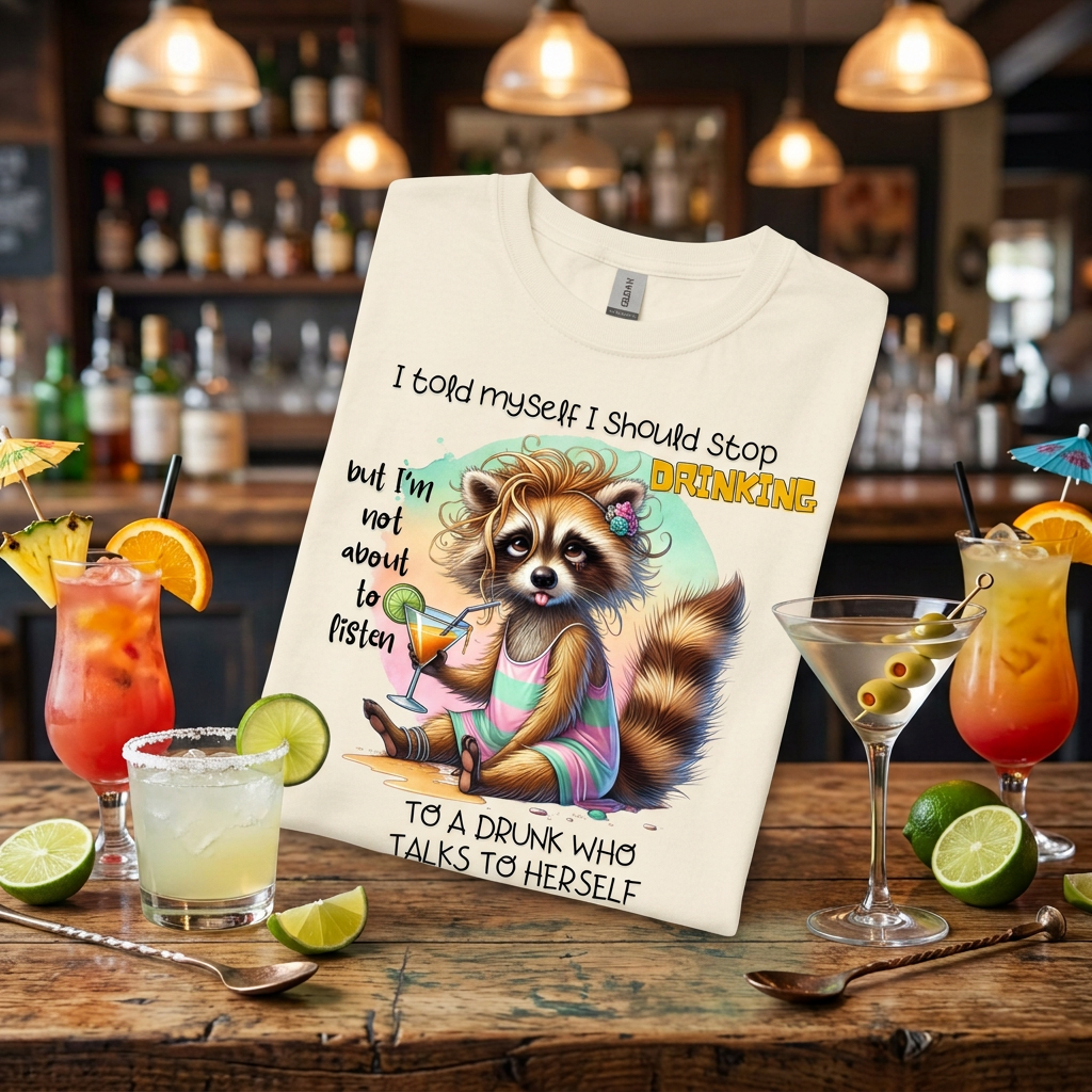 A off white colored graphic t-shirt is displayed on a rustic wooden bar table, surrounded by various colorful cocktails, limes, and bar decor. The t-shirt features a cartoon graphic of a raccoon wearing a pink and blue swimsuit, sitting on a beach with a drink, accompanied by humorous text about not being afraid of a drunk who talks to herself.
