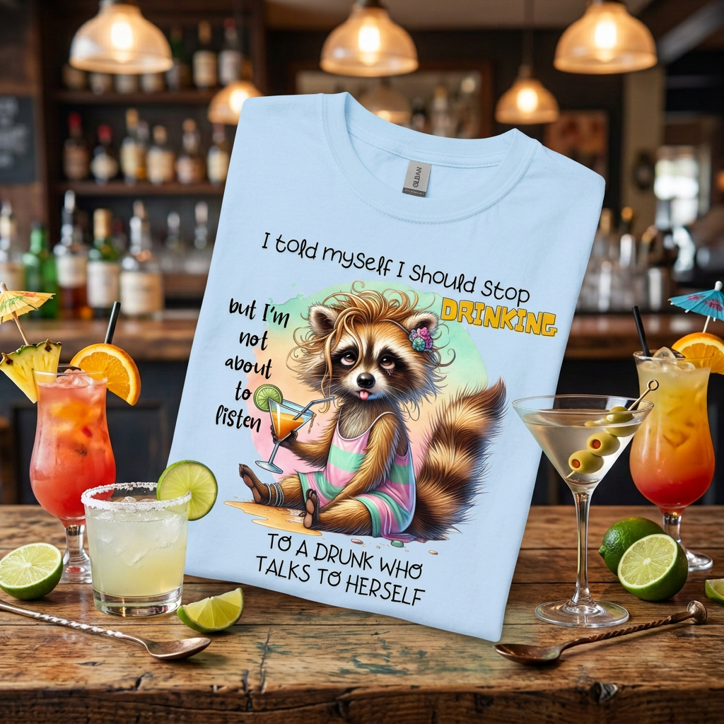 A sky blue graphic t-shirt features a cartoon graphic of a raccoon wearing a pink swimsuit and holding a cocktail, with humorous text about not wanting to talk to a drunk self.