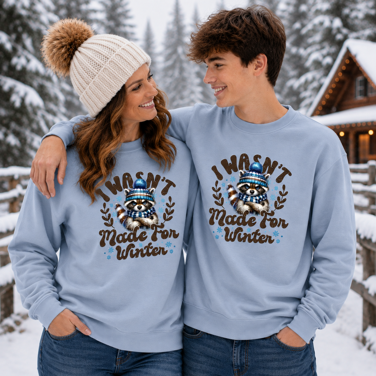 A man and a woman standing together in a snowy outdoor setting, both wearing matching light blue crewneck sweatshirts with a winter raccoon graphic and the text 'I WASN'T Made FOR Winter'.