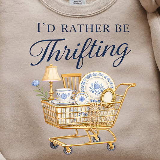 I’d Rather Be Thrifting shirt design with illustrated grocery cart full of secondhand vintage finds and retro items