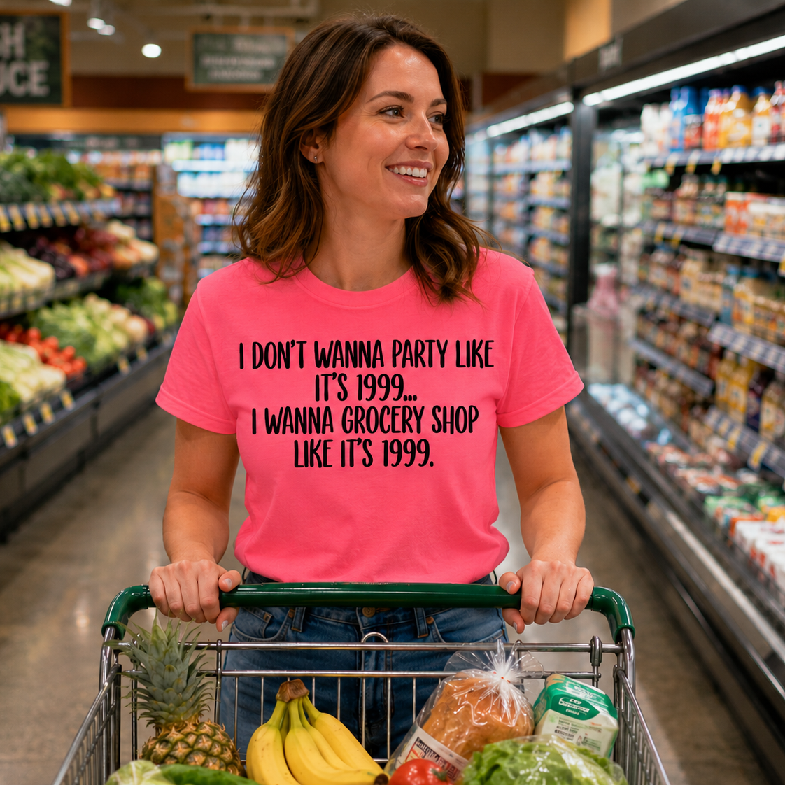 Woman in a pink shirt with a humorous text in a grocery store