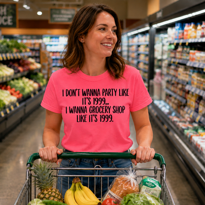 Woman in a pink shirt with a humorous text in a grocery store