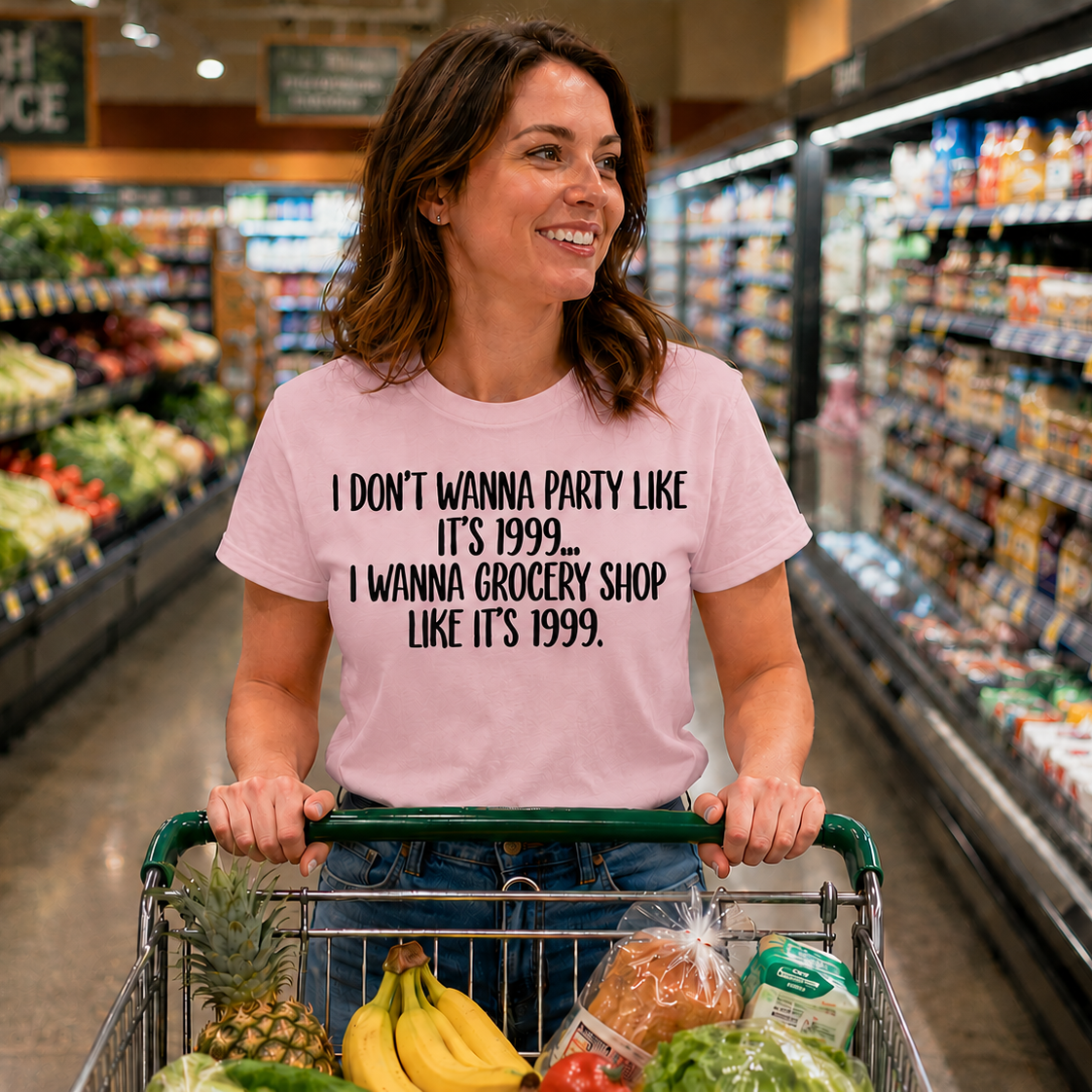 Woman in a grocery store wearing a t-shirt with a humorous text, pushing a shopping cart.
