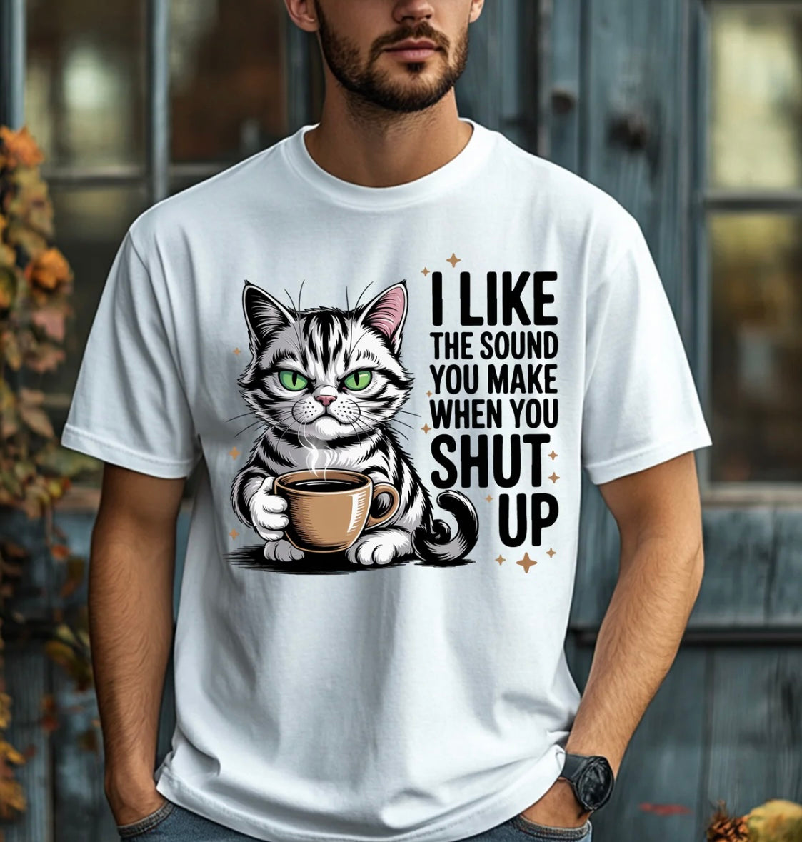 Sarcastic cat coffee graphic tee with bold humor. Perfect for coffee lovers, introverts, and anyone done with small talk.