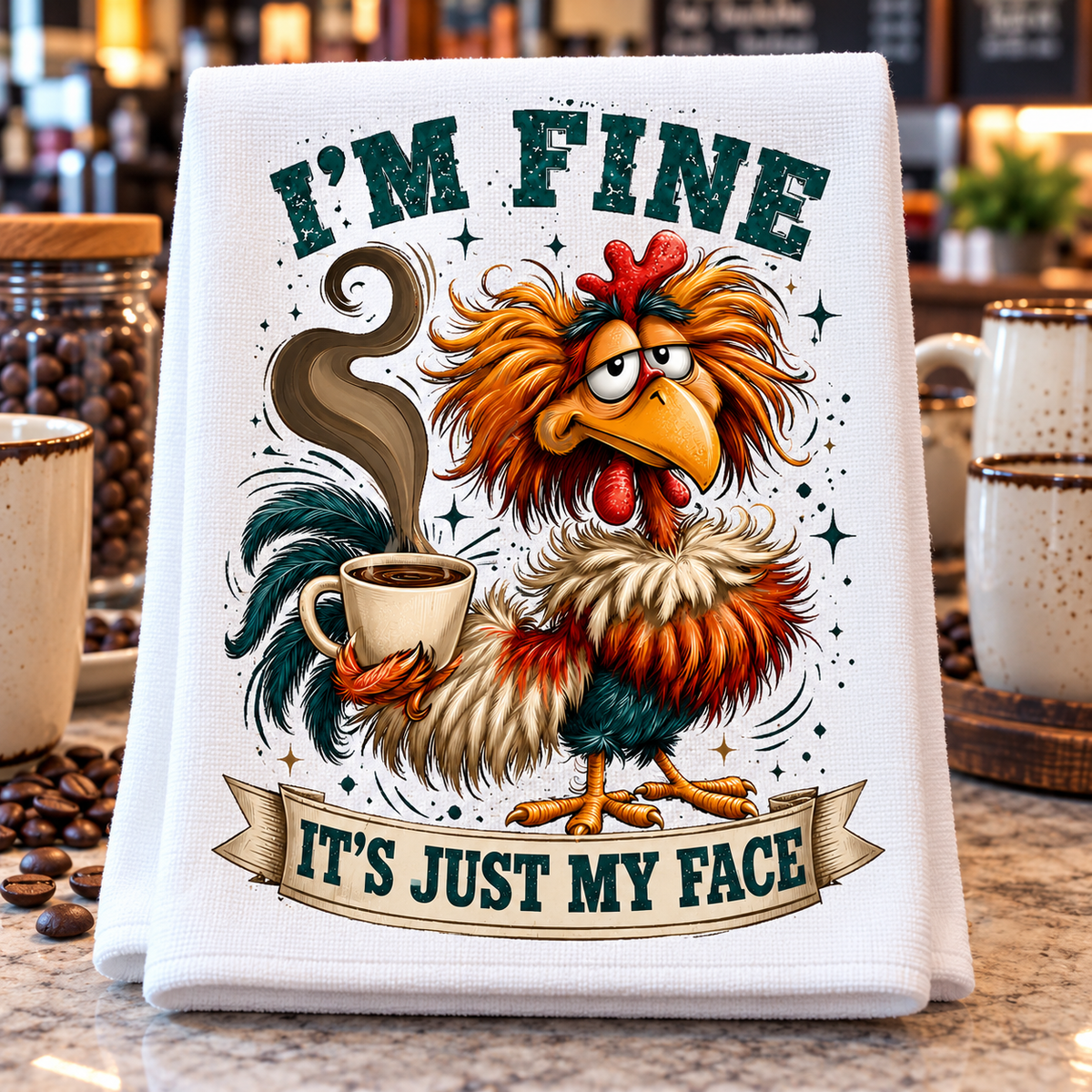 A white kitchen towel with a humorous cartoon rooster graphic and the text 'I'M FINE' and 'IT'S JUST MY FACE', 