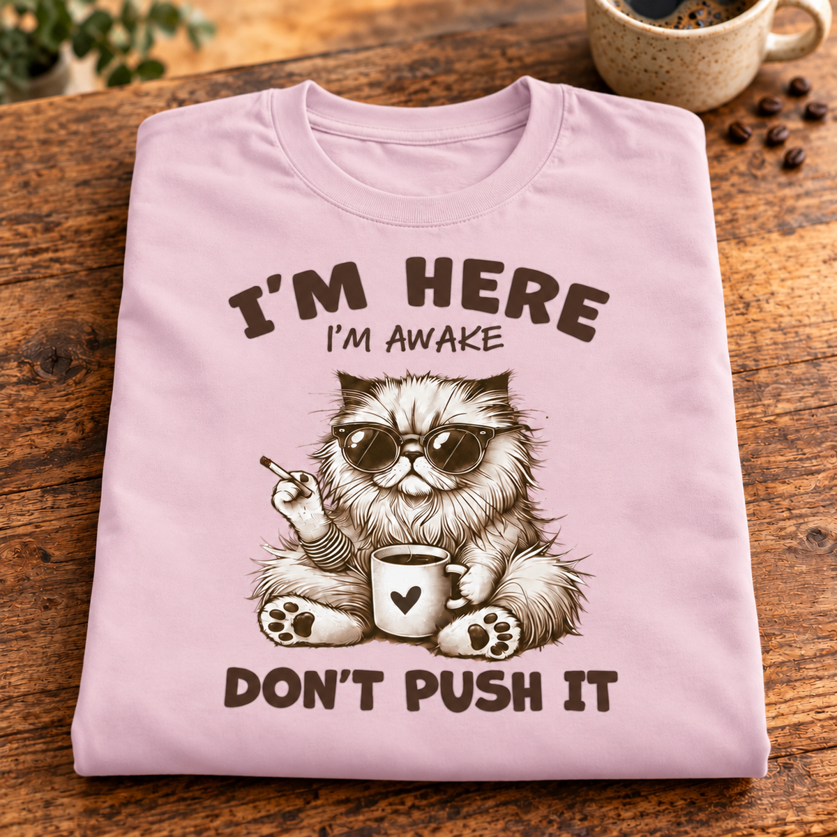 A folded light pink t-shirt with a graphic of a fluffy cat wearing sunglasses and holding a mug, with the text 'I'M HERE I'M AWAKE DON'T PUSH IT' printed above and below. The shirt is displayed on a rustic wooden table with coffee beans and a coffee cup in the background.