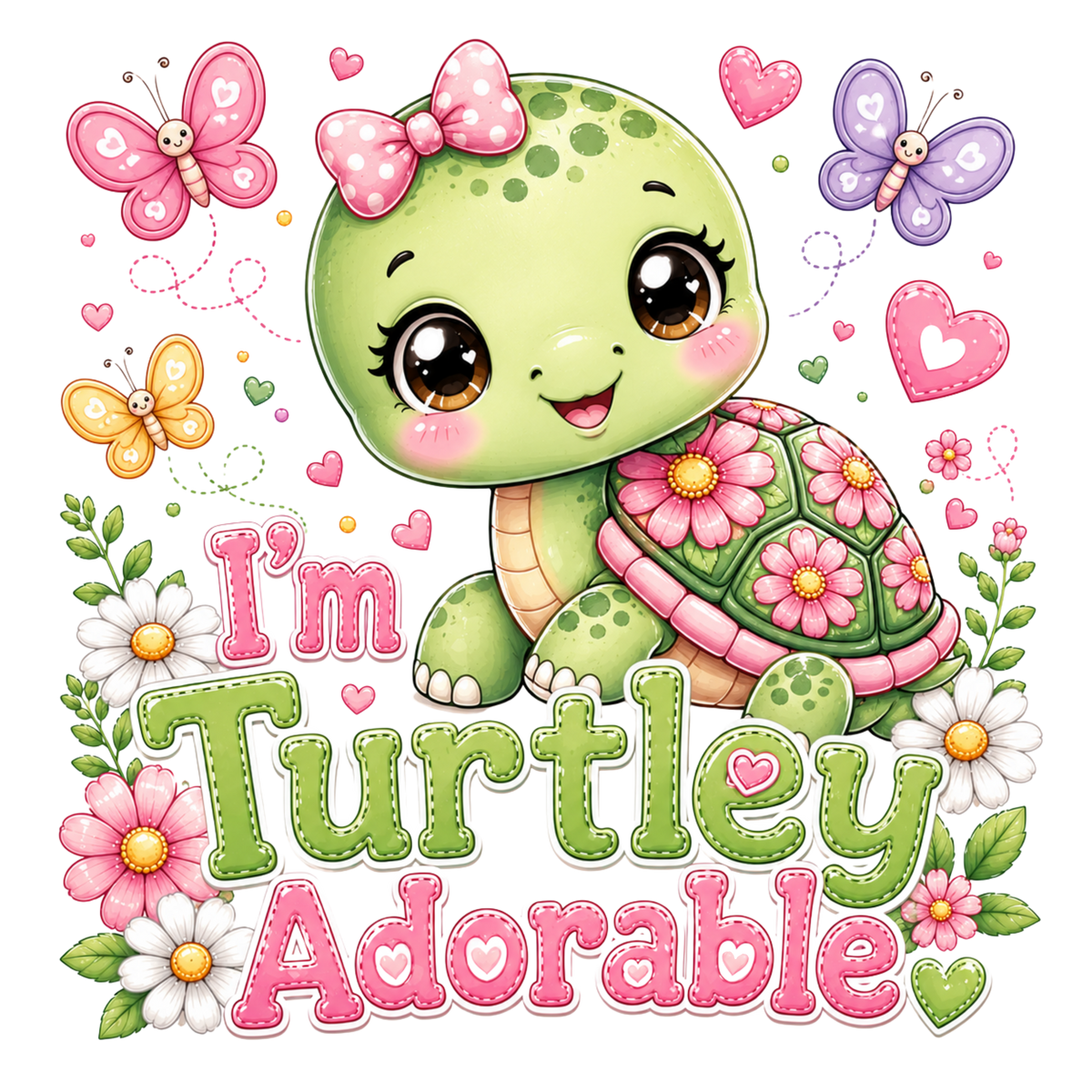 A cute cartoon turtle with a pink bow and flower-patterned shell, surrounded by butterflies, hearts, flowers, and the text “I’m Turtley Adorable” on a white background.