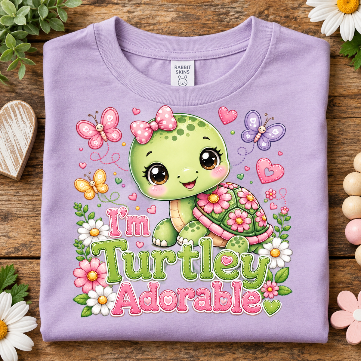 A folded lavender crewneck t-shirt with a cute cartoon turtle graphic and the text 'I'm Turtley Adorable' on a rustic wooden background with flowers and decorative props.