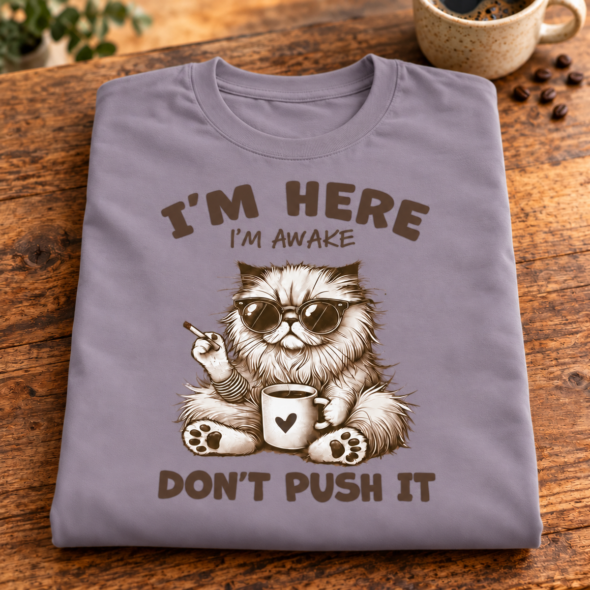 A folded paragon t-shirt with a graphic of a fluffy cat wearing sunglasses and holding a coffee mug, with the text 'I'M HERE I'M AWAKE DON'T PUSH IT'. The shirt is displayed on a wooden table with coffee beans and a coffee mug in the background.
