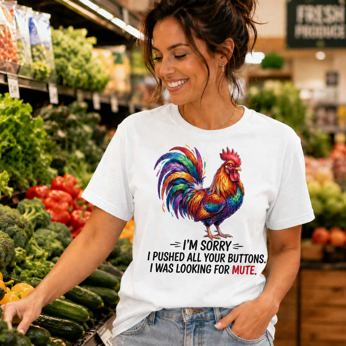 A woman in a grocery store aisle wearing a white graphic t-shirt with a colorful rooster and the text 'I'M SORRY I PUSHED ALL YOUR BUTTONS. I WAS LOOKING FOR MUTE.