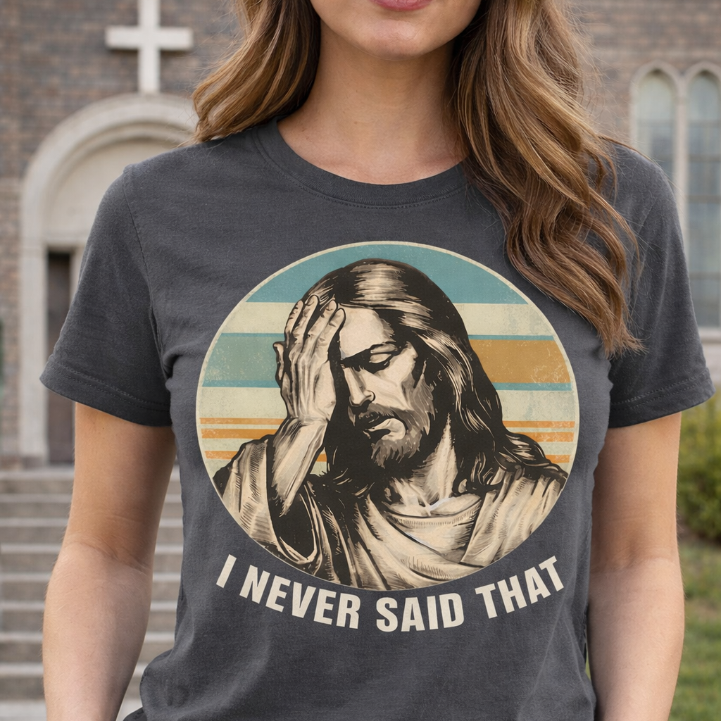 Person wearing a t-shirt with a graphic of a historical figure and text, standing in front of a building.