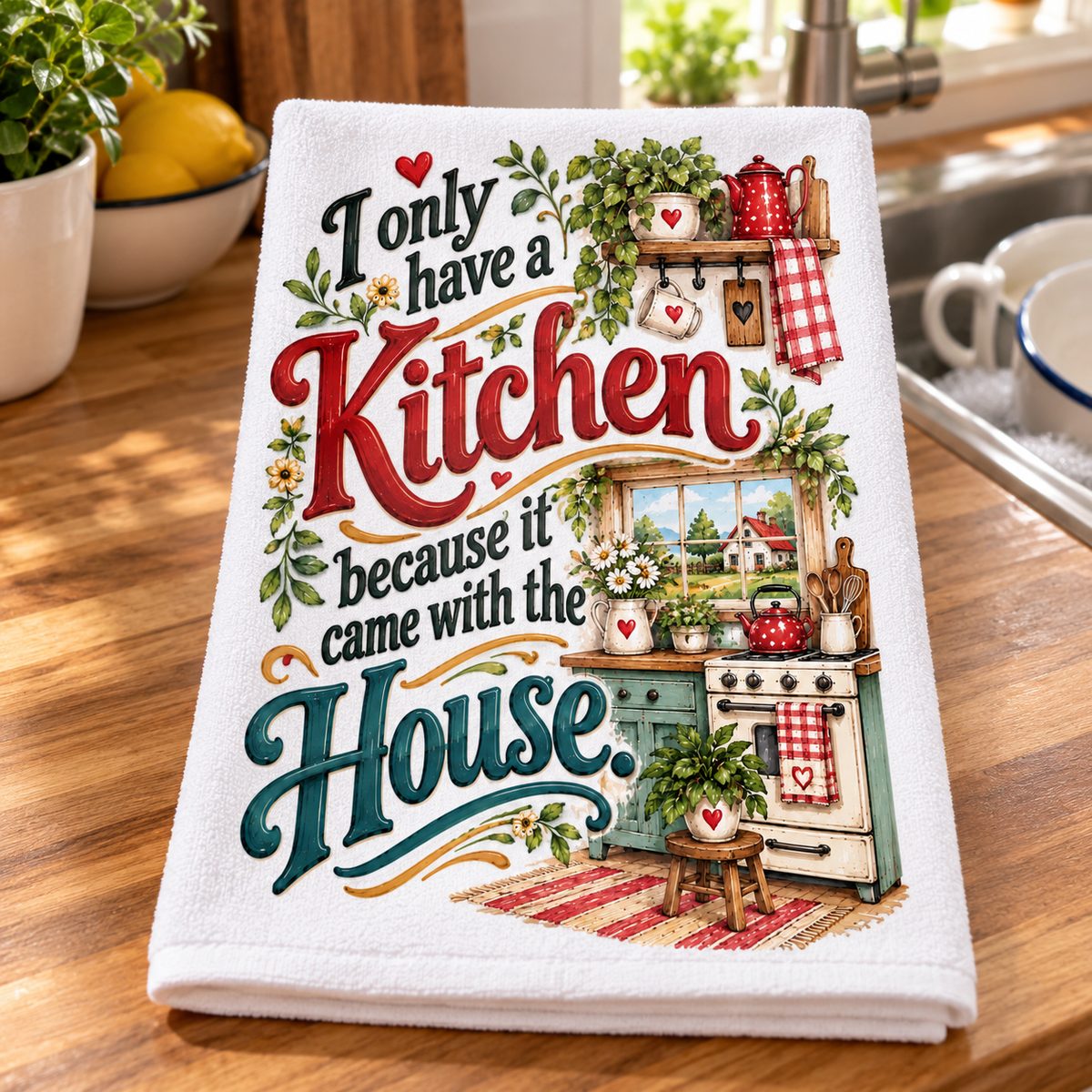 A folded white kitchen towel with a colorful retro-style graphic that reads 'I only have a Kitchen because it came with the House.' The design includes a vintage stove, plants, hearts, and red-and-white checkered accents, shown on a wooden countertop in a kitchen setting.