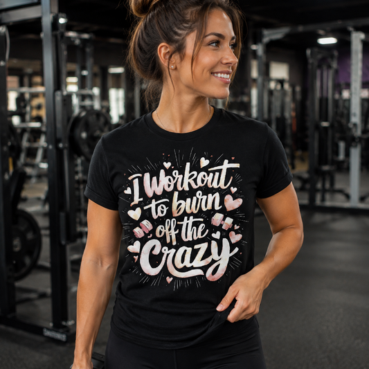 Woman in a gym wearing a black t-shirt with text and holding a dumbbell.