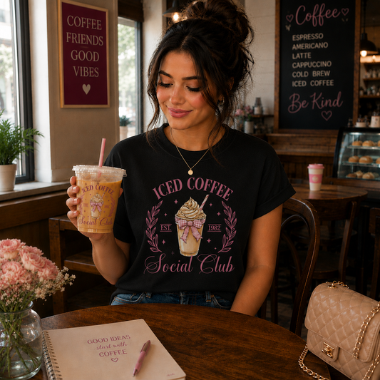 Woman in a black coffee-themed t-shirt holding an iced coffee in a cafe.