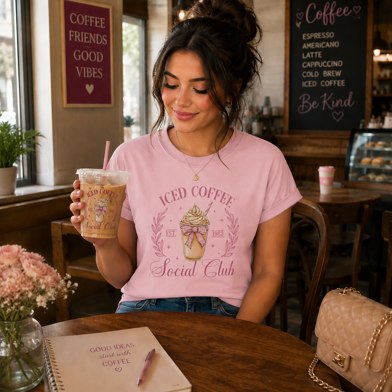 Woman in a pink 'Iced Coffee Social Club' shirt holding a iced coffee drink in a cafe.