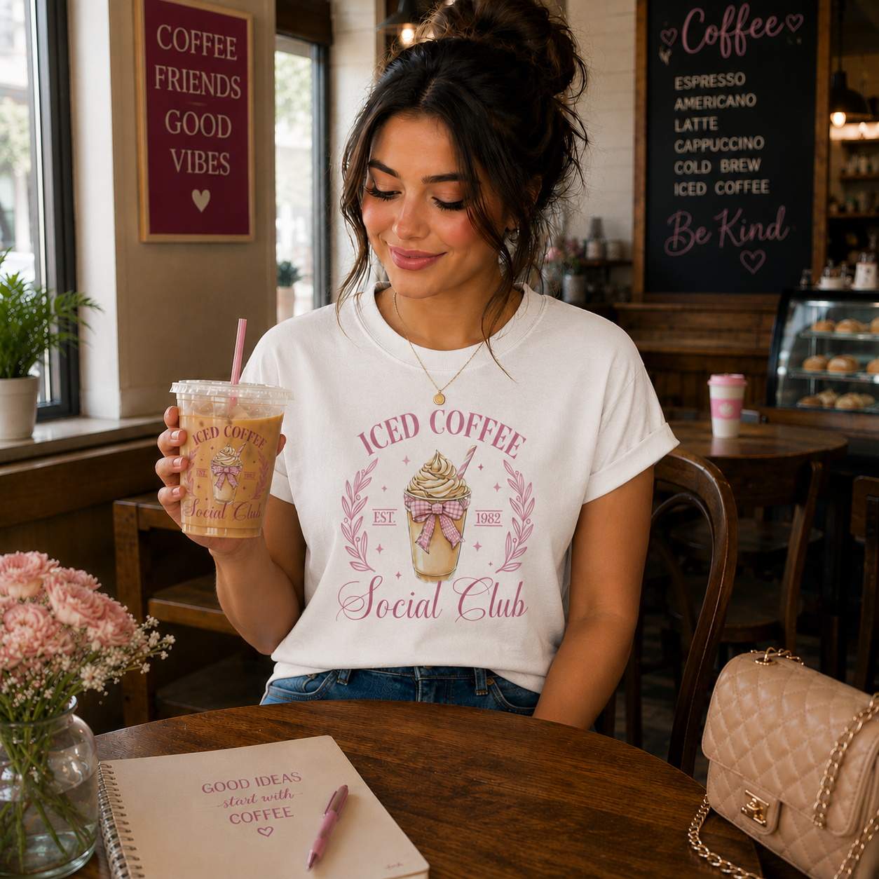 Woman in a coffee shop holding an iced coffee drink, wearing a white 'Coffee Social Club' t-shirt.