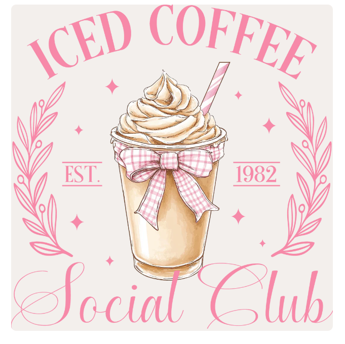 Illustration of an iced coffee with a bow, surrounded by decorative text and elements on a light pink background.