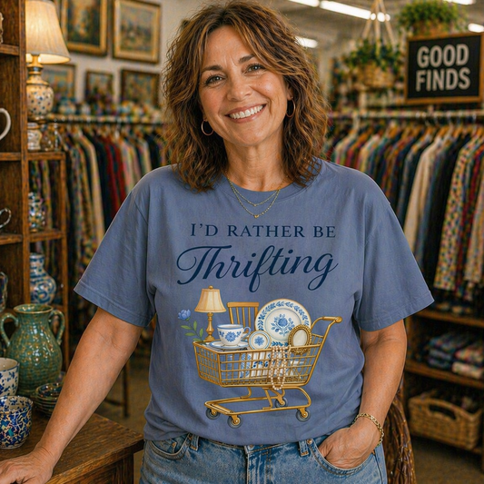 Woman wearing a blue t-shirt with 'I'd Rather Be Thrifting' design in a thrift store.