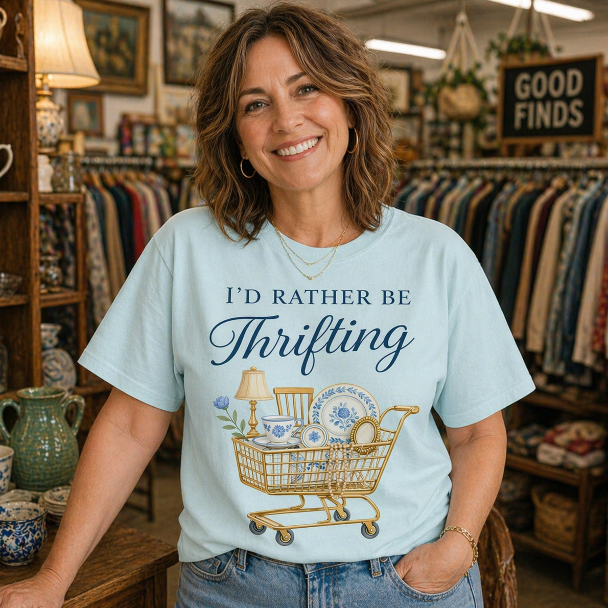 Woman wearing a 'I'd Rather Be Thrifting' on a chambray colored t-shirt in a thrift store setting