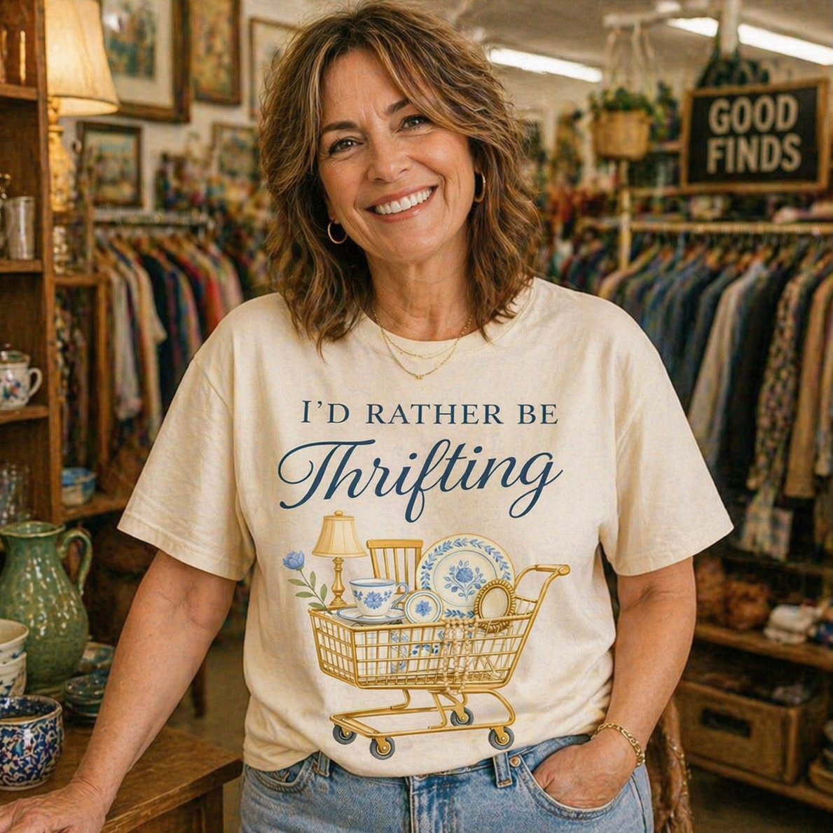 Woman wearing a 'I'd Rather Be Thrifting' on an ivory t-shirt in a thrift store.