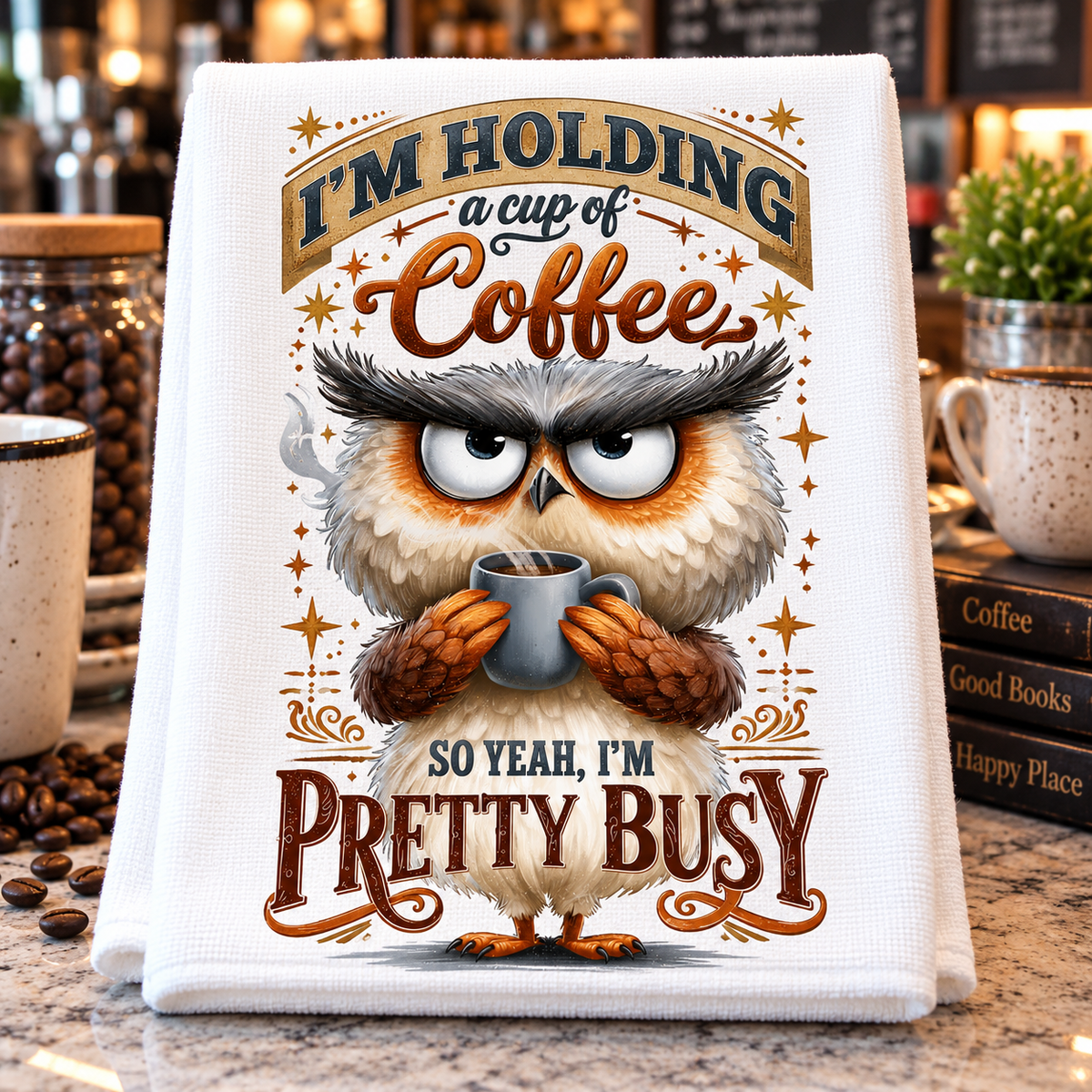 A white kitchen towel with a humorous coffee-themed owl graphic, displayed on a kitchen counter surrounded by coffee beans, mugs, and books.