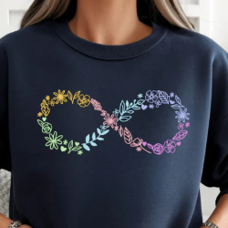 Cozy sweatshirt featuring a floral infinity symbol representing neurodiversity, perfect for spreading awareness and positivity.