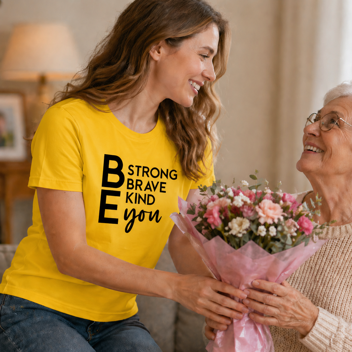 Woman wearing a daisy colored t-shirt with inspirational text.